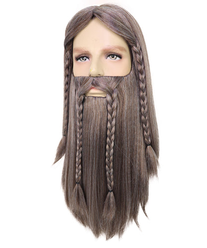 HPO Men’s Deluxe Long Wig & Beard Mustache Set | Ash Brown Braided Viking Style Costume Hair | Ideal for Halloween | Breathable Capless Cap