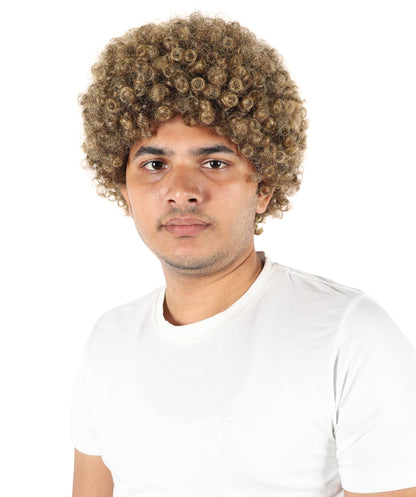 HPO Men’s Curly Athlete Brown Wig | Voluminous Synthetic Hairpiece with Thick Curls | Adjustable Fit for Stage, Parties & Roleplay