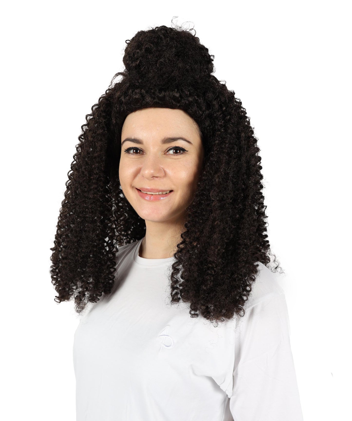 HPO Adult Women’s Voluminous Medium Brown Curly Half-Up Wig | Halloween and Cosplay Wig | Flame-retardant Synthetic Fiber