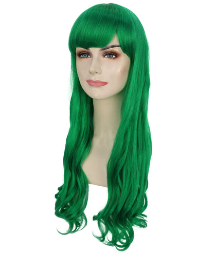 HPO Women's Red Long Wavy Desire Wig with Front Bangs | Halloween and Party Wig | Flame-retardant Synthetic Fiber  |  Premium Breathable Capless Cap