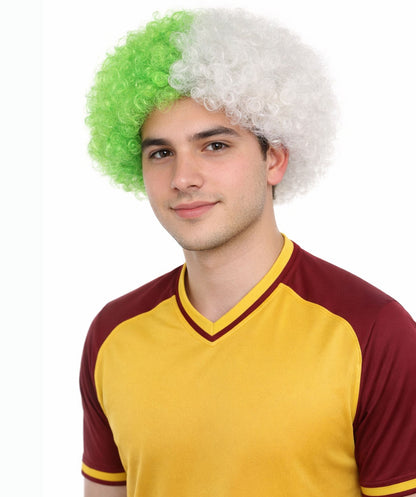 HPO Men's Two Tone Afro Wig | Bouncy Green and White Curls Flame-retardant Synthetic Fiber | Halloween Themed Party Circus Carnival Fan Accessory