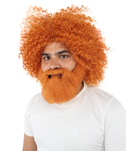 HPO Men's Wild Caveman Orange Wig Beard & Mustache Set | Massive Frizzy Orange Afro and Full Beard Set with Messy Texture | Prehistoric Costume, Viking Cosplay, Halloween, and Funny Party Props