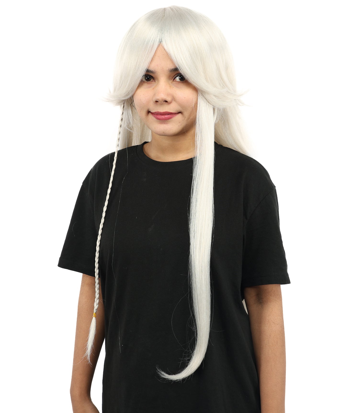 HPO Women’s 32” Silver Grey Bangs Wig | Extra Long Straight Synthetic Wig | Breathable Cap for Halloween, Roleplay, Theater, Party & Character Costumes