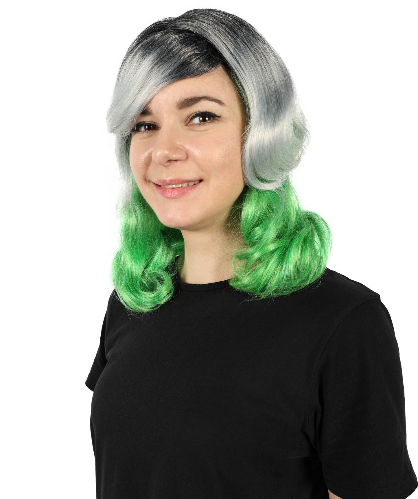 HPO Women’s Ombre Grey & Green Short Wavy Bob Wig with Bangs | Synthetic Fashion Wig | Daily Wear, Cosplay, or Costume Use
