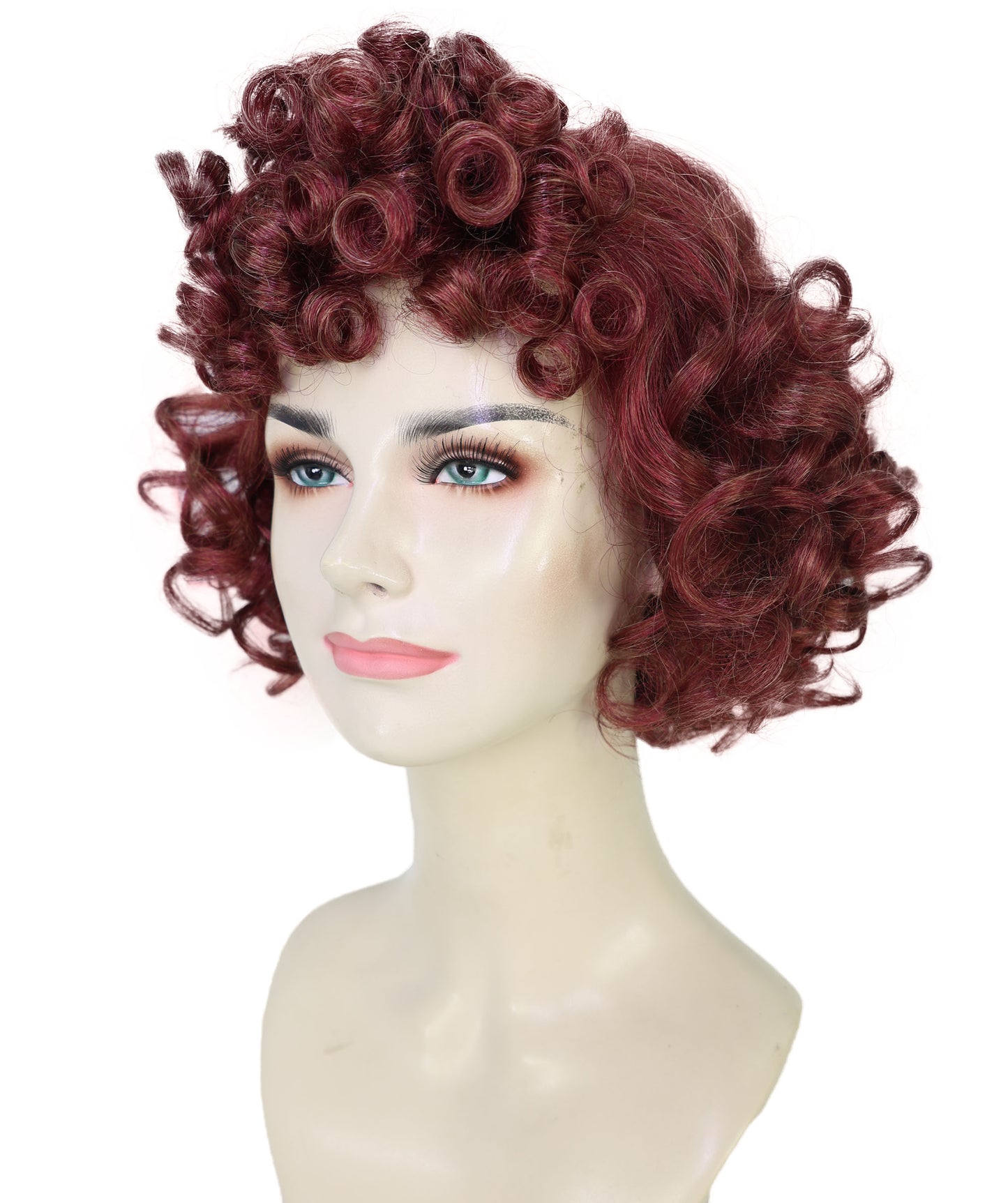 HPO Women’s 80s Retro Short Curly Brown Wig | Classic Vintage Hairstyle with Bangs | Synthetic Costume Hairpiece for Halloween, Cosplay, Theater & Parties