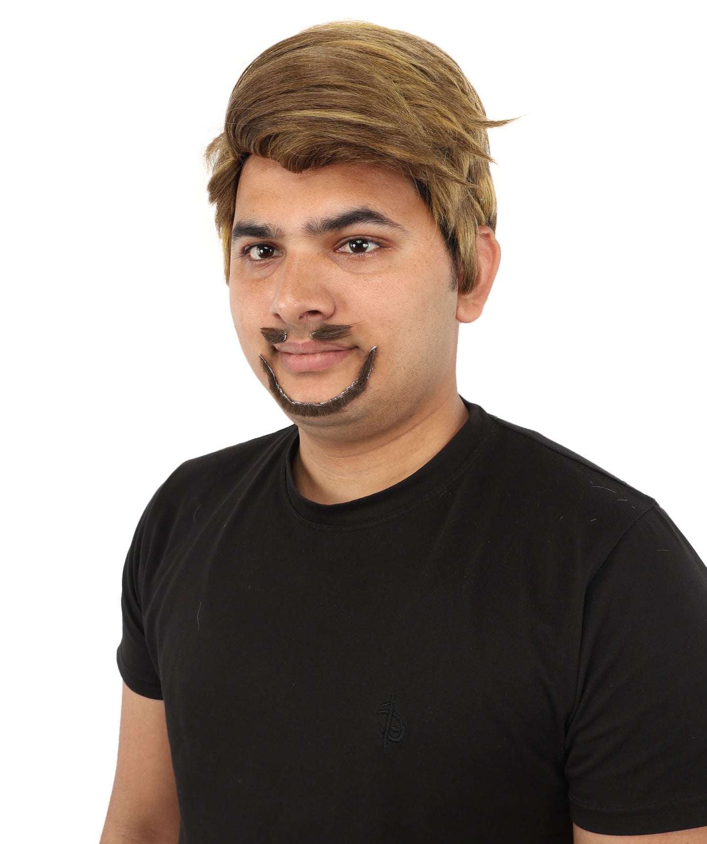 HPO Men's Detective Side-Part Wig Beard & Mustache | Sandy brown with golden highlights, create of synthetic fiber, sleek swept-side volume, breathable capless cap |