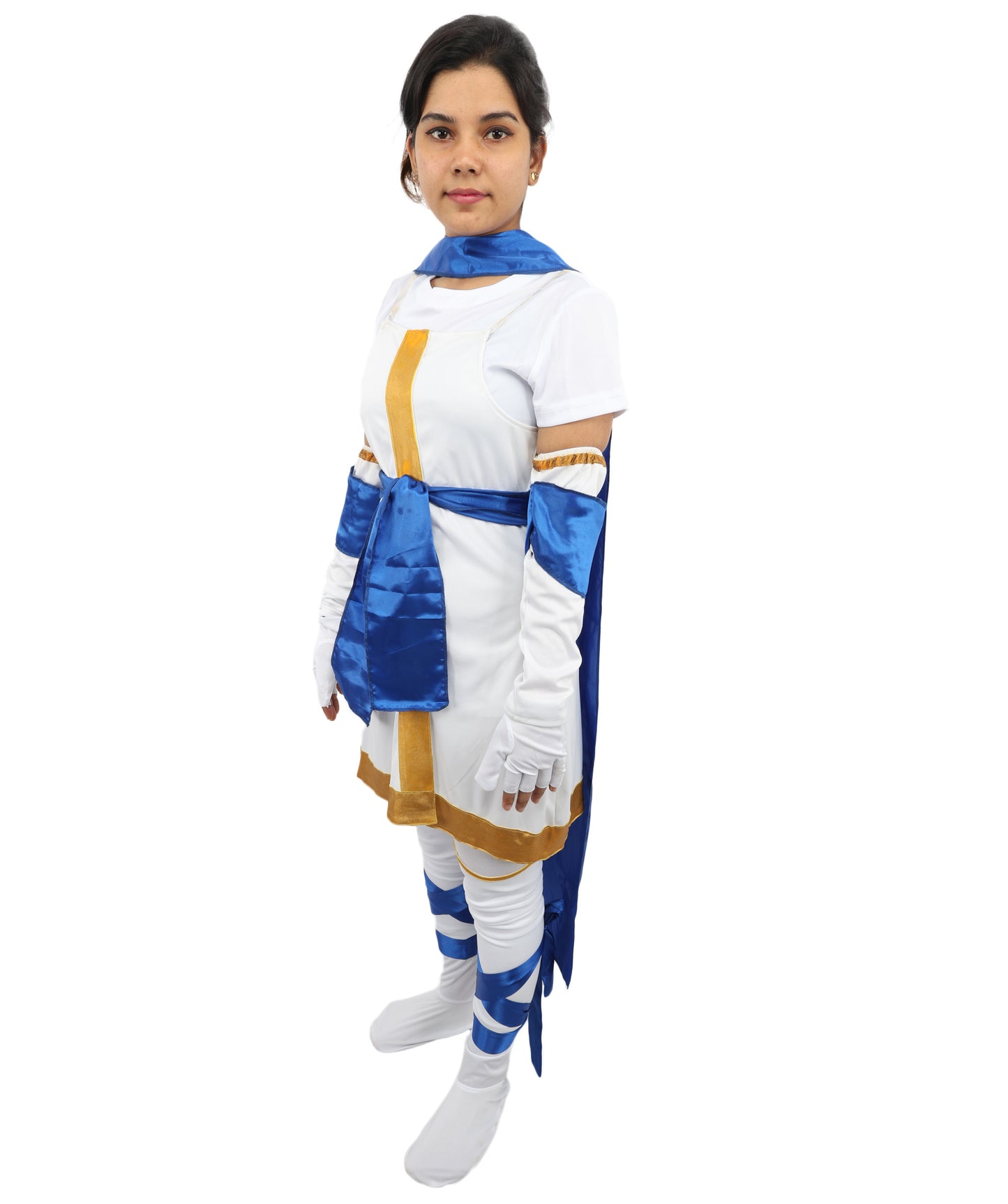 HPO Women's Anime Action Heroine Suit | White and blue jersey satin construction featuring a body garment, hand gloves, leg socks, belt, and bow | Ideal for party, Halloween, cosplay, theater, drag, performance, costume events