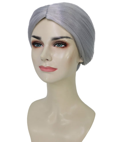 HPO Adult Female EG Old Woman Grey Straight Bun Wig, Synthetic Fiber Hair, Perfect for Halloween & Themed Parties, Breathable Capless Cap, Flame-retardant Synthetic Fiber