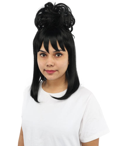 HPO Women's Retro Beehive Updo Wig | Black Hair Style with Straight Bangs | Ideal for Theme Events, Fancy Dress Wear & Party Performances
