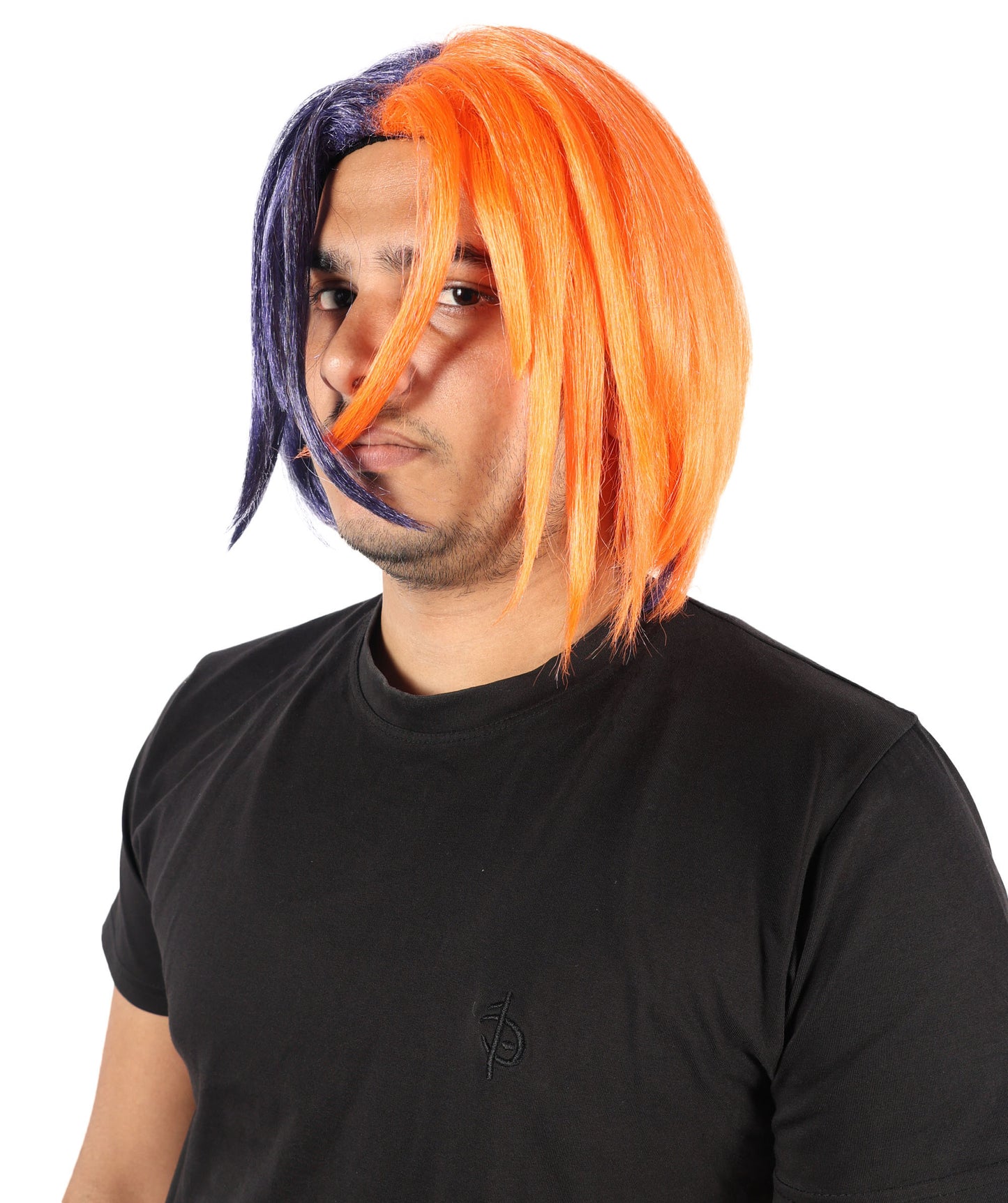 HPO Men's 12 Inch Short Orange and Dark Blue Straight Wig | Flame-Resistant Capless Hairpiece | Lightweight Capless Design for Halloween and Party