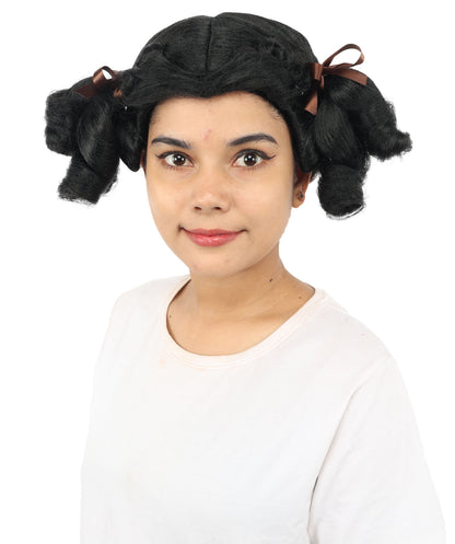 HPO Women's Golden White Mixed Curly Pigtail Wig | Messy Ringlet Twin Tails with Attached Fabric Ribbons, Synthetic Fiber & Breathable Cap | Halloween, Movie Character Roleplay, Costume Party & Theater