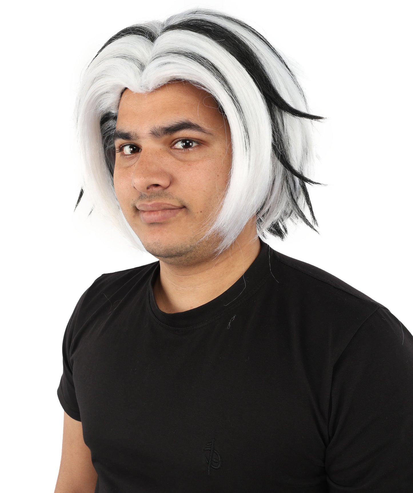 HPO Men's Two Tone Black & White Layered Anime Hair | Frosted Tips Messy Style, Natural Matte Finish, Adjustable Interior Net & Durable Strands | Carnival, Dress Up, Fantasy Conventions, Theater & Photo Shoots