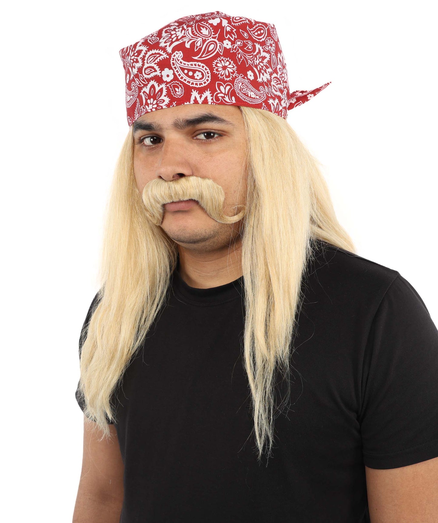HPO Men’s Long Mullet Style Wig with Moustache and Red Hat | Extended Back Hair with Facial Set | Party Styling for Theme Events, Cosplay & Stage Roles