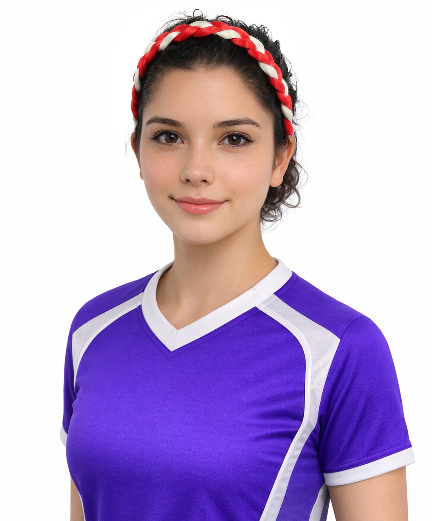 HPO Women's Multinational Braided Hairband | Textured red and white synthetic fibers woven into a twisted headband with elastic backing | Ideal for party, Halloween, cosplay, theater, drag, performance, costume events