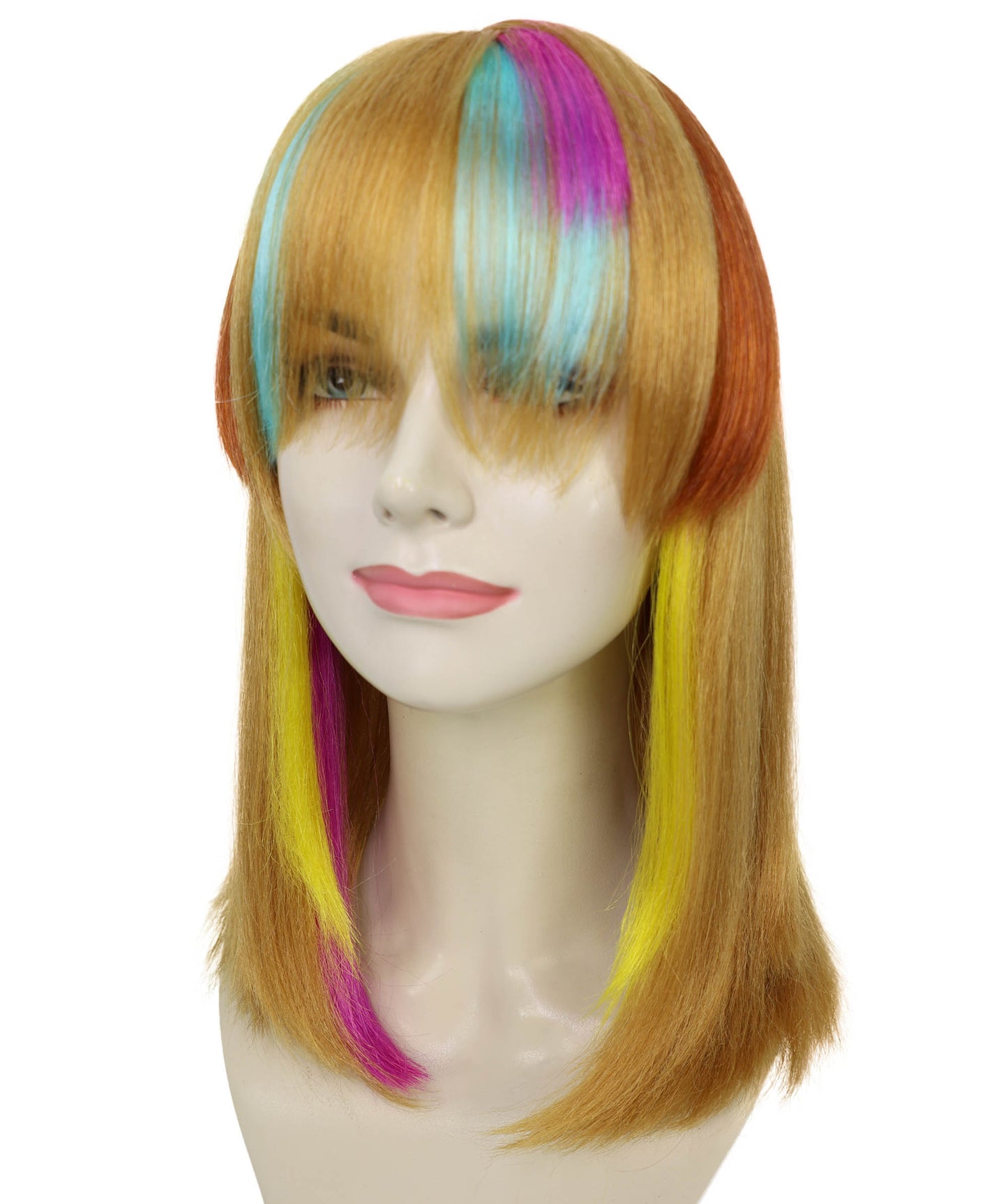 HPO Adult Women’s Vibrant Rainbow Fringe Wig | Bob with Colorful Streaks for Fashion | Breathable Capless Cap