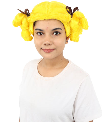 HPO Women's Golden White Mixed Curly Pigtail Wig | Messy Ringlet Twin Tails with Attached Fabric Ribbons, Synthetic Fiber & Breathable Cap | Halloween, Movie Character Roleplay, Costume Party & Theater