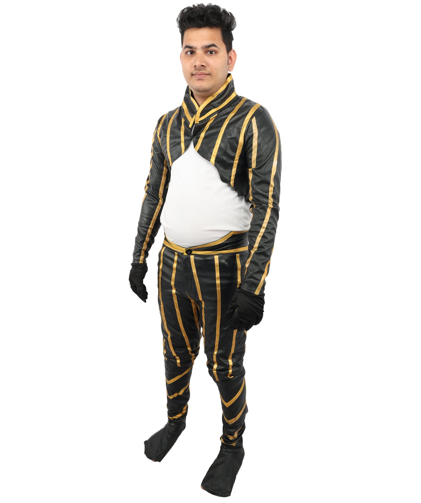 HPO Men's Anime Fighter Combat Suit | Striking Black And Gold PVC Jersey Construction Featuring Pant, Dress, Hand gloves, And Leg Socks | Ideal for Party, Halloween, Cosplay, Theater, Drag, Performance, Costume Events