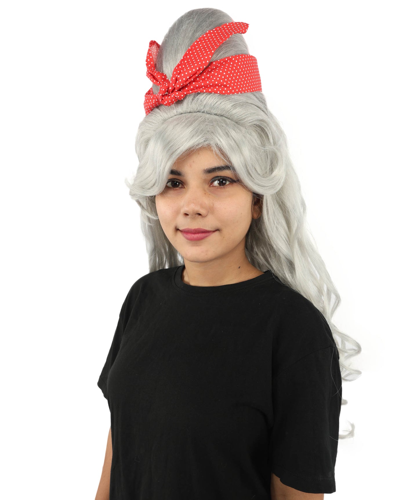 HPO Women’s Retro Beehive Wig with Red Bow | Multicolor Options | Extra Long Wavy Fancy Dress Accessory | Fancy Dress Accessory | Celebrity-Inspired Hair for Halloween, Cosplay & Music Tribute Parties