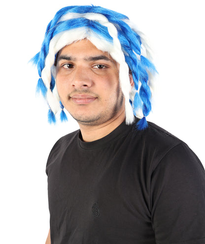 HPO Men's Braided Rasta Dreadlocks Blue & White Wig | Medium Synthetic Hairpiece | Cosplay, Halloween, Party & Stage Costume