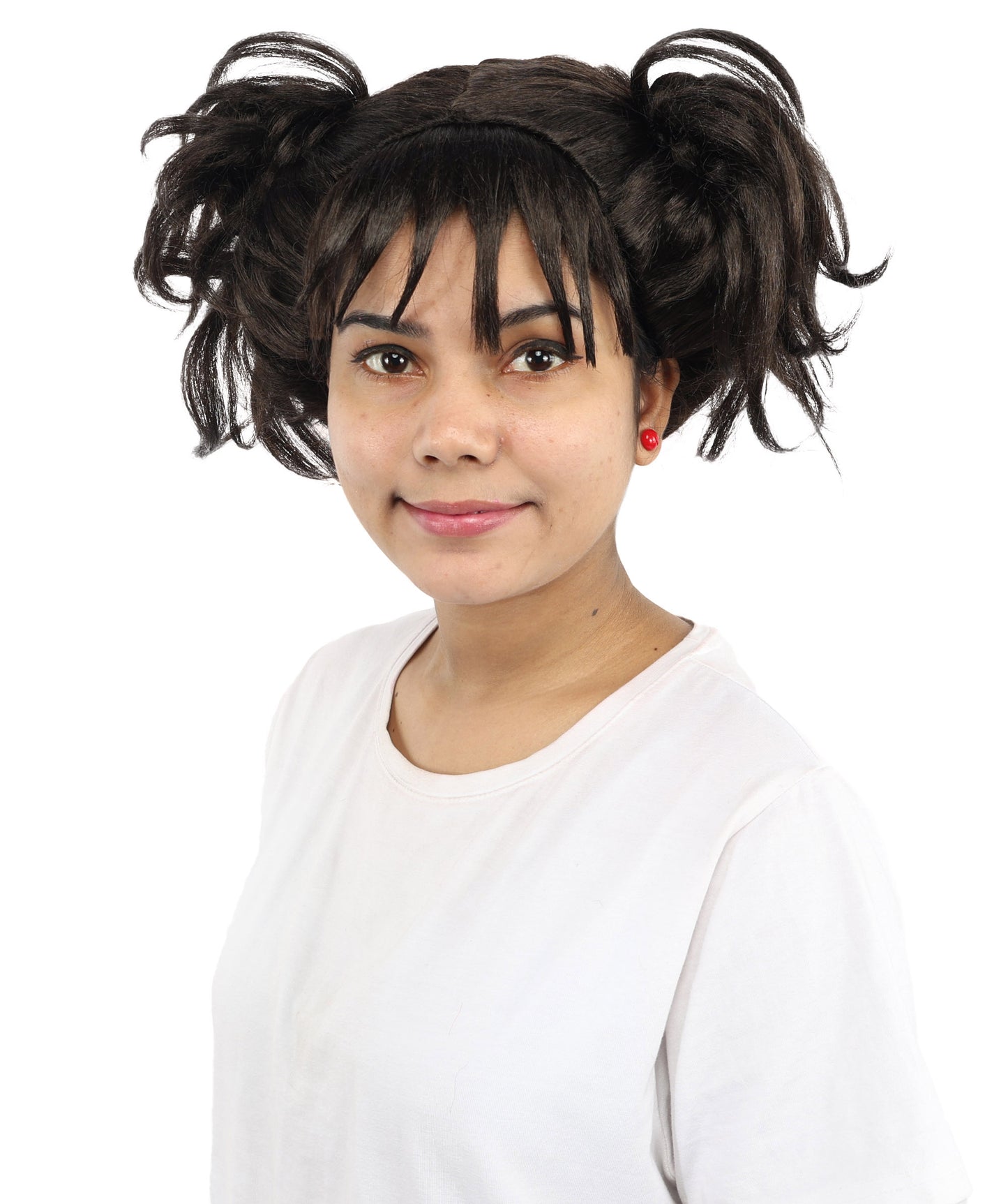 HPO Women’s Messy Twin Bun Wig with Graphic Bangs | Edgy Chocolate Brown Wig for Cosplay, Fashion Events, Halloween & Stage Wear | Adjustable Cap, Lightweight Synthetic Fiber