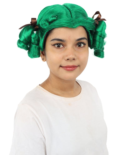 HPO Women's Golden White Mixed Curly Pigtail Wig | Messy Ringlet Twin Tails with Attached Fabric Ribbons, Synthetic Fiber & Breathable Cap | Halloween, Movie Character Roleplay, Costume Party & Theater