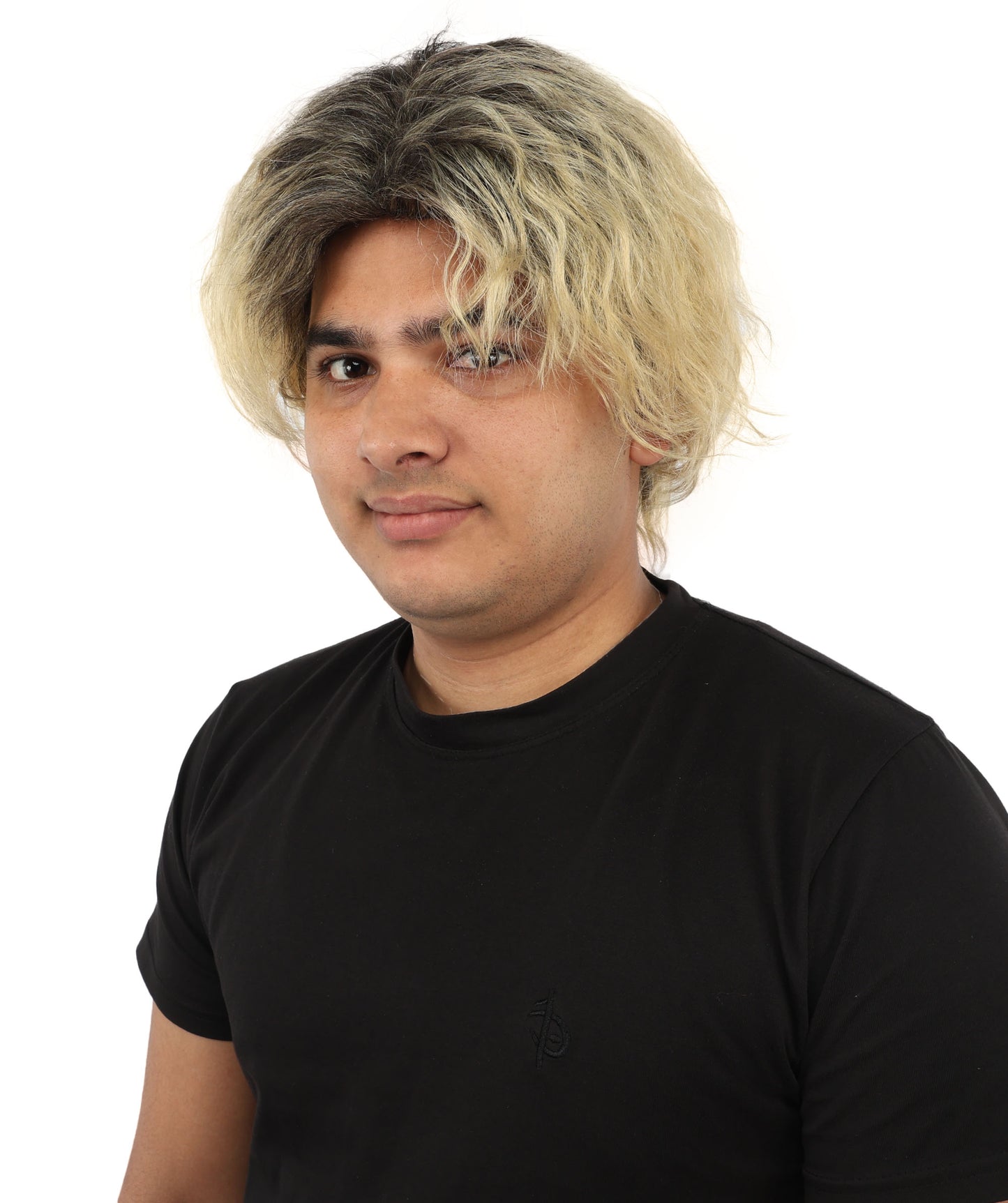 HPO Men's Messy Wavy Shag Black & Grey Wig | Two-tone rooted hue, create of synthetic fiber, relaxed tousled volume, breathable base | Party, Halloween, theater, drag, performance, costume events