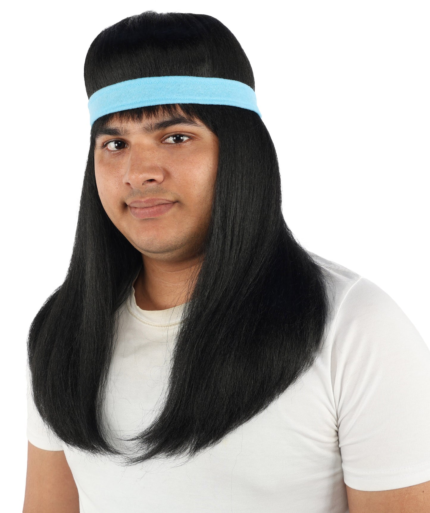 HPO Men's Long Auburn Wig with Headband | Straight Reddish Texture with Blunt Bangs & Included Teal Band, Heat Resistant Fiber | Halloween, Troll Roleplay, Fantasy Party, Carnival & Theater