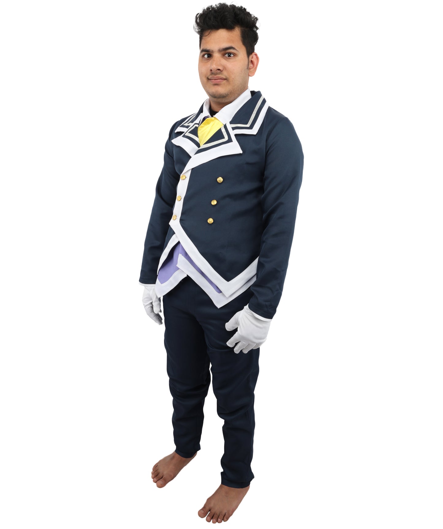 HPO Men's Noble Demon Duke Cosplay Navy Blue & White Suit | Includes Coat Pants Mock-Up Shirt Gloves | Crafted from Flame-retardant Synthetic Fabric | Adjustable Straps for Secure Fit