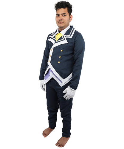 HPO Men's Noble Demon Duke Cosplay Navy Blue & White Suit | Includes Coat Pants Mock-Up Shirt Gloves | Crafted from Flame-retardant Synthetic Fabric | Adjustable Straps for Secure Fit