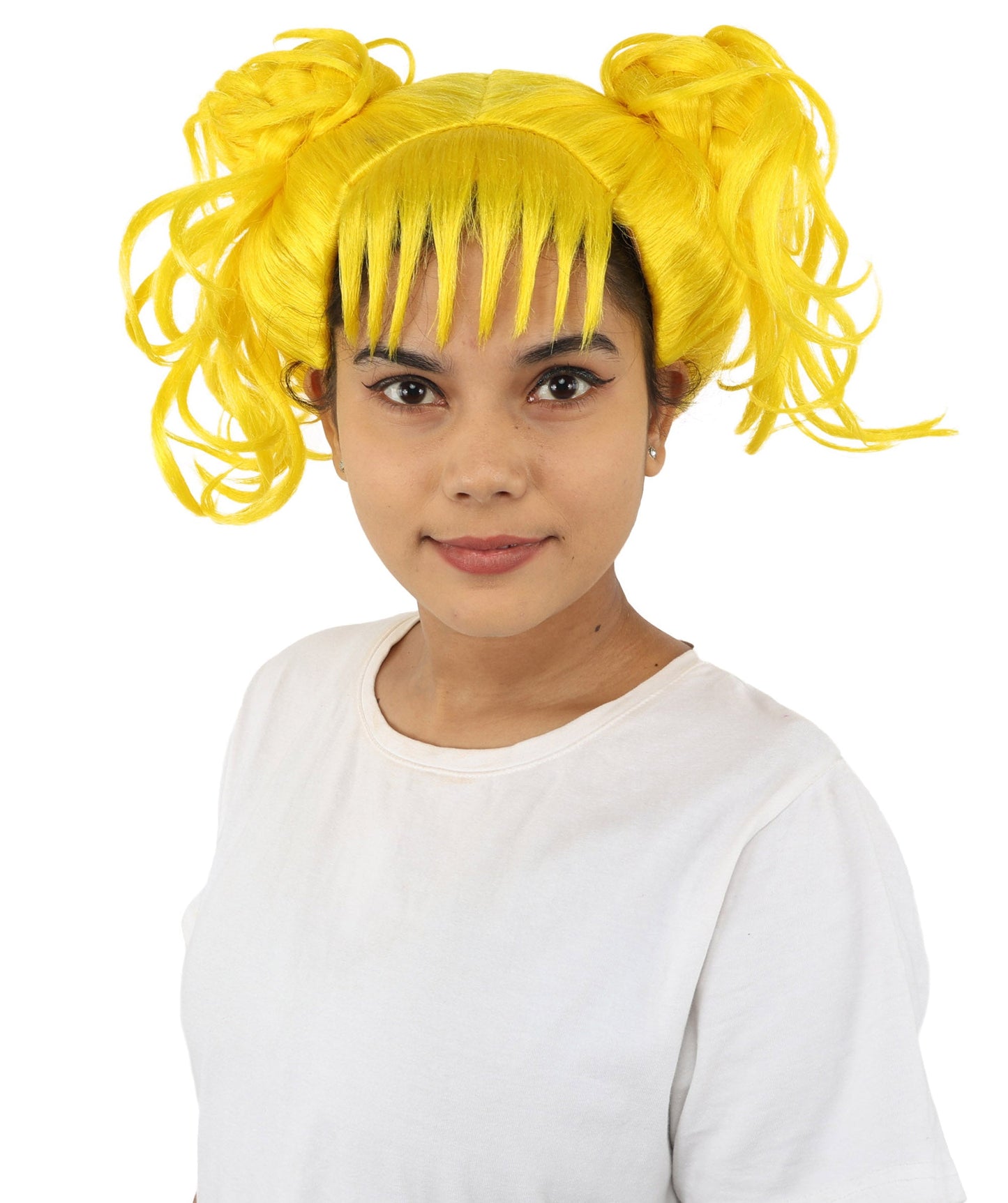HPO Adult Women’s Messy Twin Bun Wig with Graphic Bangs | Multiple Color Options | Edgy Wig for Cosplay, Fashion Events, Halloween & Stage Wear | Adjustable Cap, Lightweight Synthetic Fiber