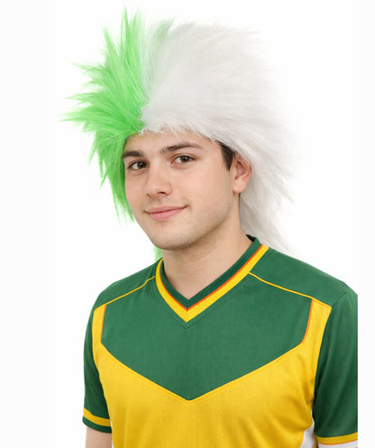 HPO Men's Green and White Sports Wig | Split Color Spiky Mullet Style Flame-retardant Synthetic Fiber | Halloween Themed Party St Patrick's Day Fan Gear