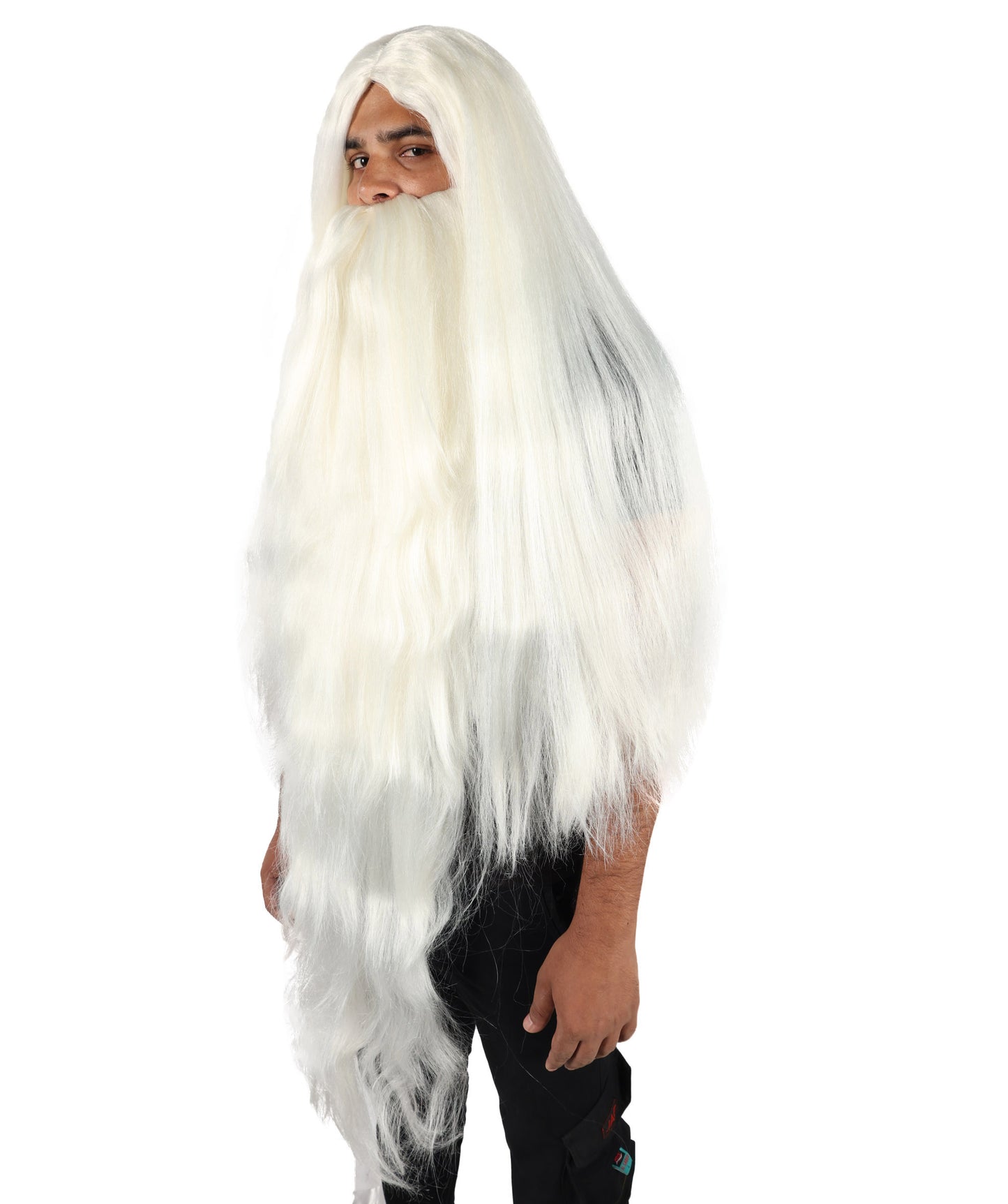 Men’s Fantasy Saga Wizard White Wig with Beard and Mustache Set, Breathable Capless Cap, Flame-retardant Synthetic Fiber