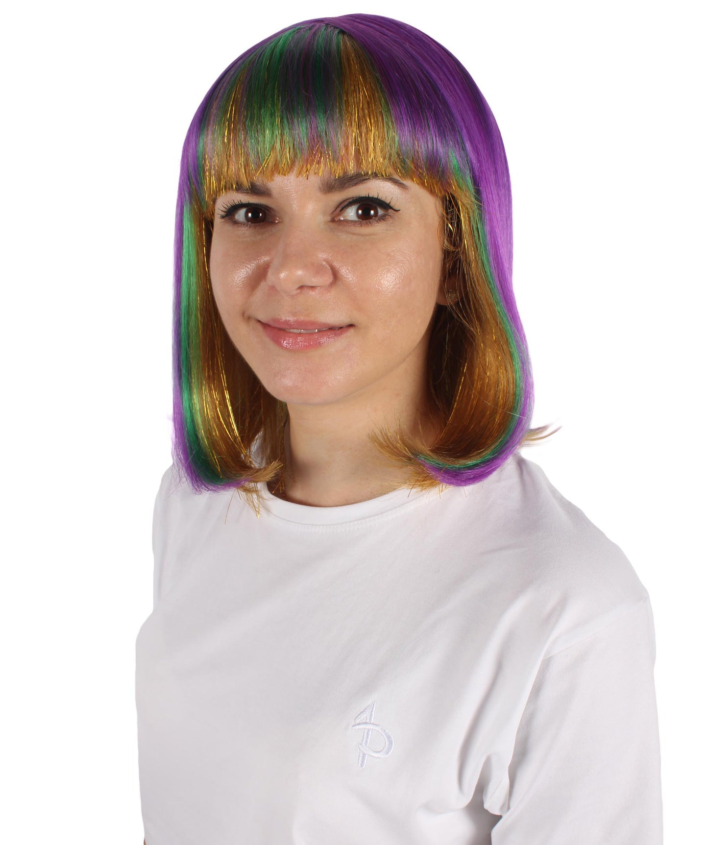 HPO Women's Multi colour Mardi Grass Festival Bob Wig with Bangs I Flame-retardant Synthetic Fiber