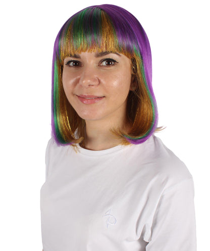 HPO Women's Multi colour Mardi Grass Festival Bob Wig with Bangs I Flame-retardant Synthetic Fiber