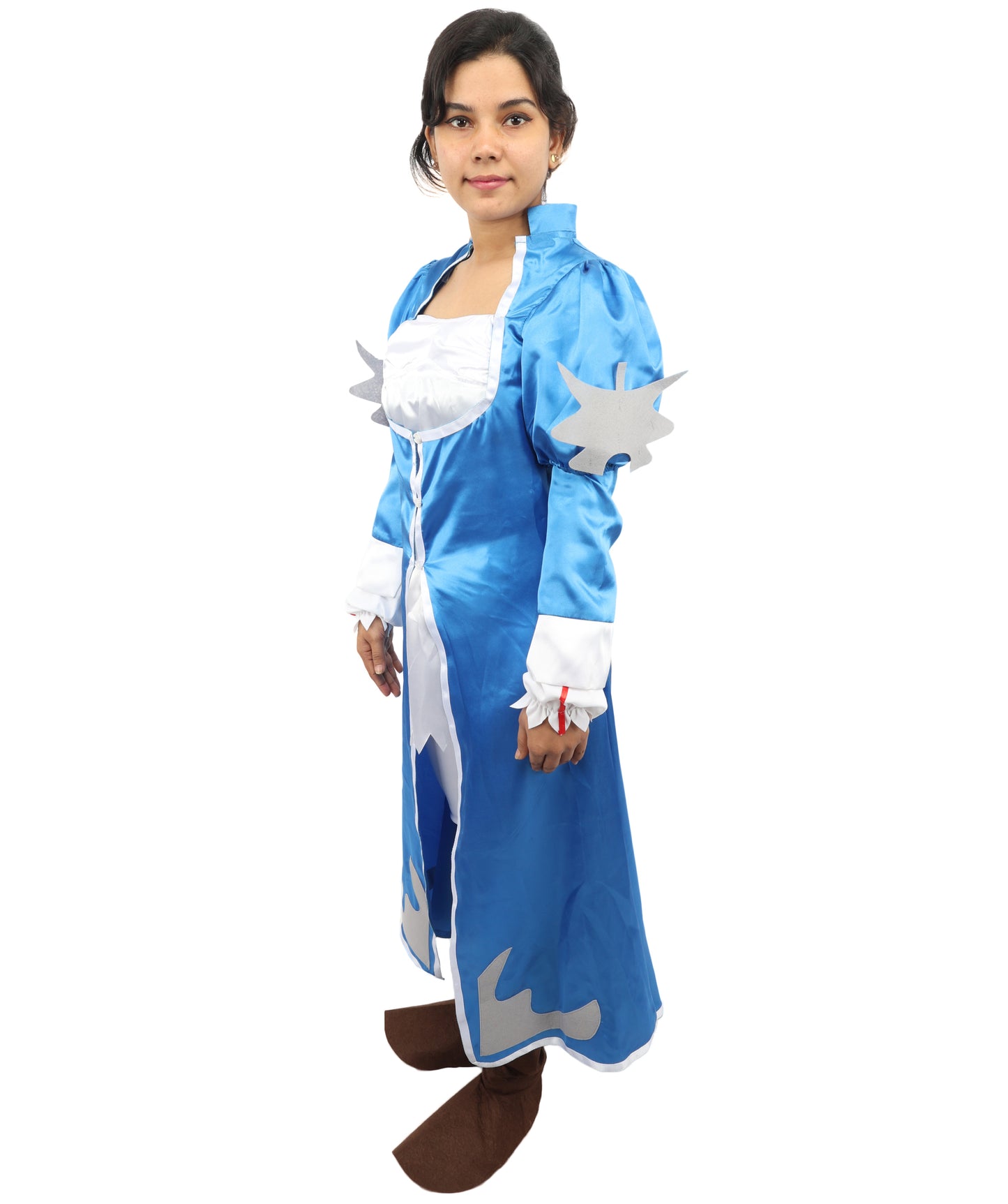 HPO Women's Anime Sorceress Roleplay Suit | Flowing white and blue satin jersey construction featuring a long dress, hand gloves, and leg socks | Ideal for party, Halloween, cosplay, theater, drag, performance, costume events