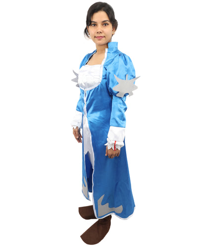 HPO Women's Anime Sorceress Roleplay Suit | Flowing white and blue satin jersey construction featuring a long dress, hand gloves, and leg socks | Ideal for party, Halloween, cosplay, theater, drag, performance, costume events