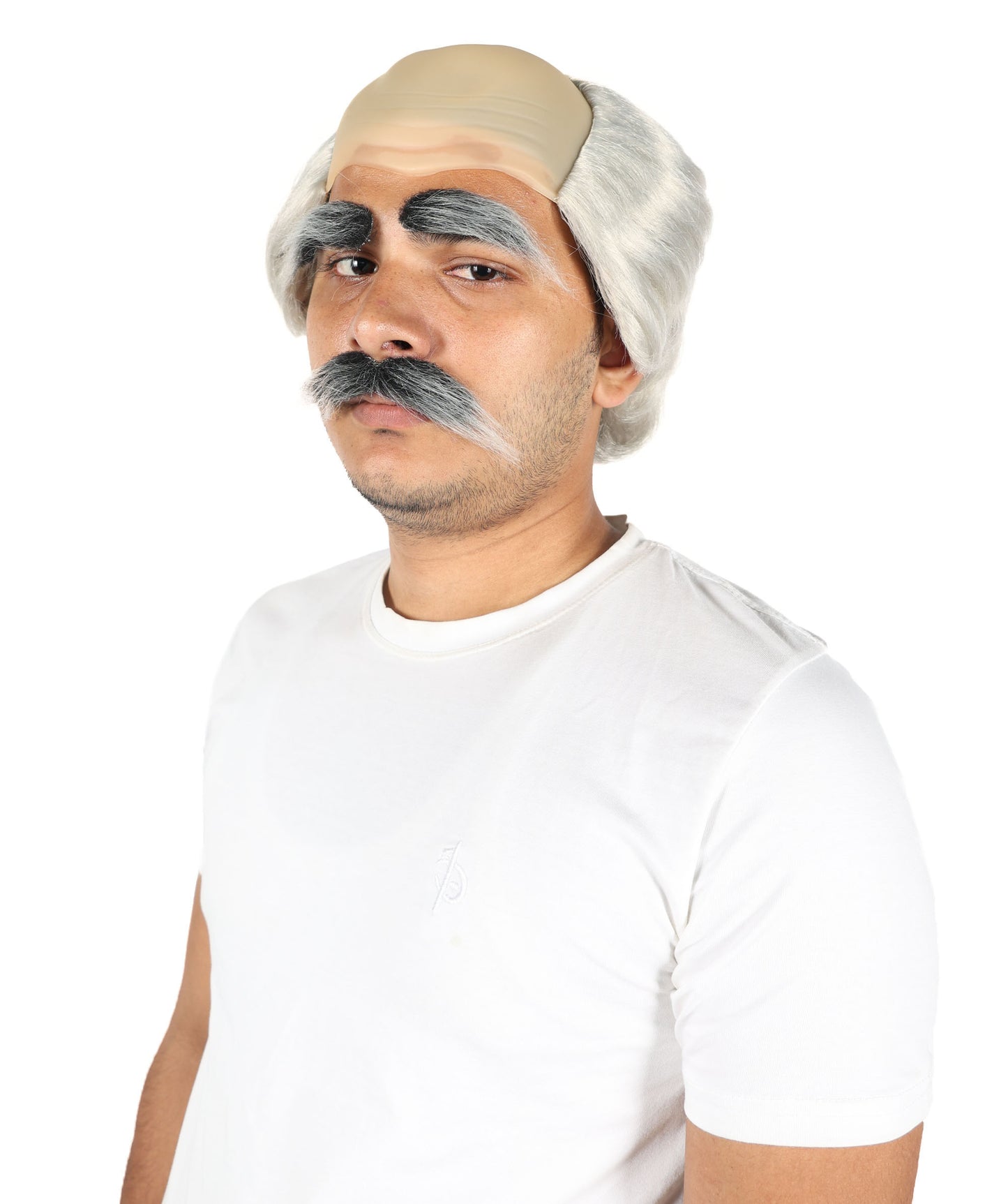 HPO Old Men's Short Dark Grey Wig Mustache & Eyebrows Set with Bald Cap | Funny Grandpa Cosplay Wig | Flame-retardant Synthetic Fiber
