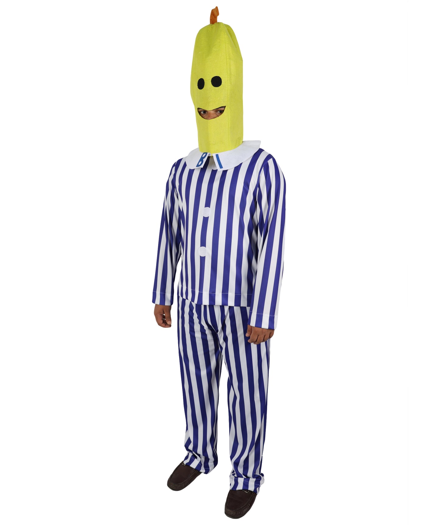HPO Women's Banana in Pajamas Costume | Classic Blue and White Striped Sleepwear Top and Pants Set Novelty Fruit Character Yellow Mask | Halloween Cosplay Theater Drag Performance Costume Events