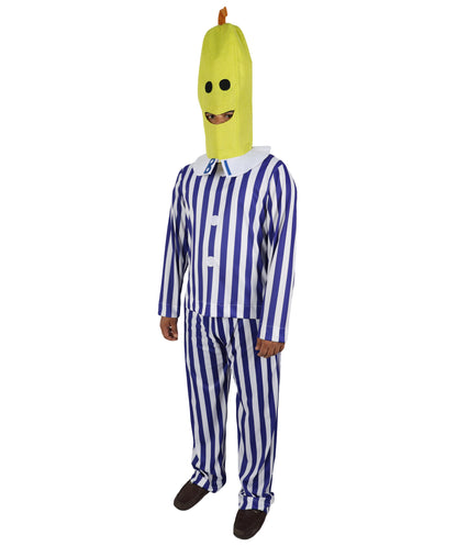 HPO Women's Banana in Pajamas Costume | Classic Blue and White Striped Sleepwear Top and Pants Set Novelty Fruit Character Yellow Mask | Halloween Cosplay Theater Drag Performance Costume Events