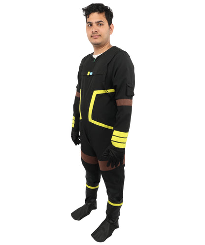 HPO Men's Deep Space Explorer Black Jumpsuit | Reflective PVC and Jersey Construction with Matching Hand Gloves and Leg Socks | Ideal for Cosplay, Halloween, Drag, and Galactic Theater Performances