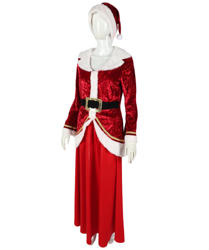 HPO Women’s Festive Holiday Costume Set | Red Velvet Dress with White Faux Fur Trim & Matching | Adjustable Fit | For Christmas Parties, Cosplay & Seasonal Events
