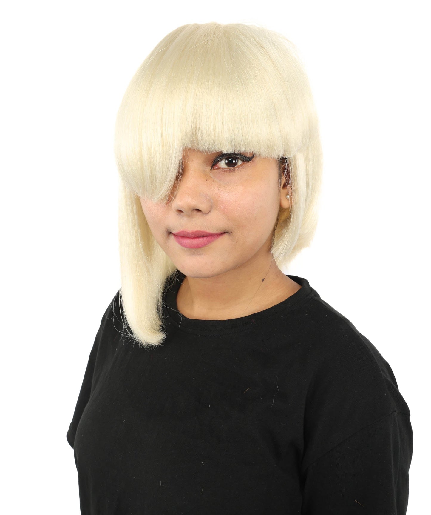 HPO Adult Women's Asymmetrical Bangs Bob Wig | Multiple Color Options | Create of synthetic fiber, sleek straight volume, breathable capless base | Party, Halloween, theater, drag, performance, costume events