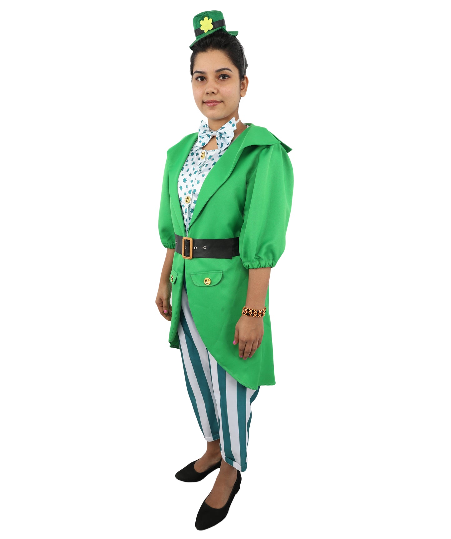 HPO Women's Irish Green Holiday Suit | Layered Shamrock Top and Knickers with Attached Belt | Versatile for Stage Shows, Pub Crawls, and Costume Parties