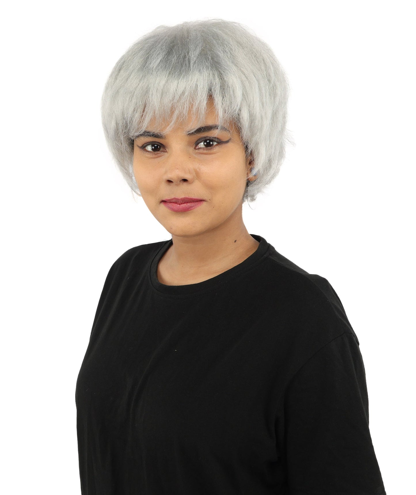 HPO Adult Women's Short Silver White Pixie Wig  | Edgy Layered Cut with Bangs | Synthetic Hair Wig for Stage Fashion, Cosplay, Halloween & Bold Party Looks
