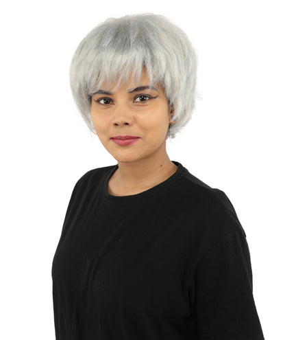 HPO Adult Women's Short Silver White Pixie Wig  | Edgy Layered Cut with Bangs | Synthetic Hair Wig for Stage Fashion, Cosplay, Halloween & Bold Party Looks