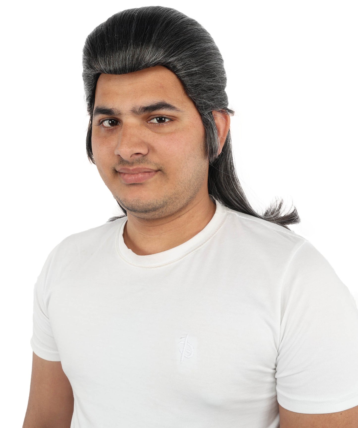 HPO Men's Samurai Warrior Wig | 15 Inch Grey & White Mixed Swept Back Texture Half Ponytail Style | Party Halloween Cosplay Theater Drag Performance Costume Events