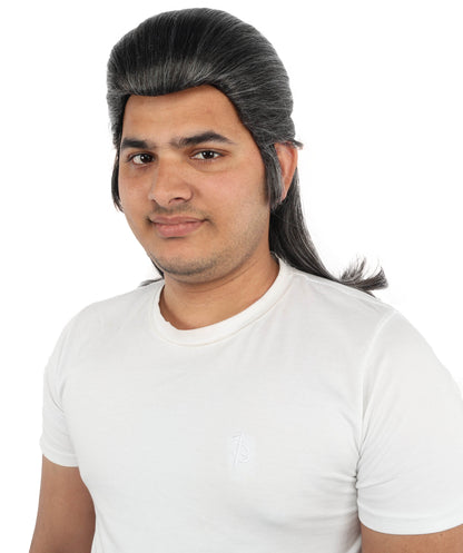 HPO Men's Samurai Warrior Wig | 15 Inch Grey & White Mixed Swept Back Texture Half Ponytail Style | Party Halloween Cosplay Theater Drag Performance Costume Events