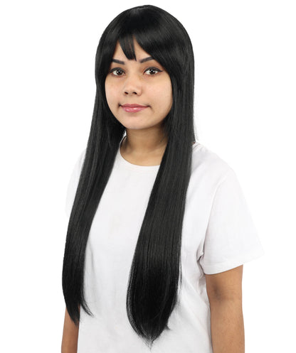 HPO Women's Sleek Straight Wig | 27 Inch Black Texture Face Framing Bangs Heat Friendly Fiber | Party Halloween Cosplay Theater Drag Performance Costume Events