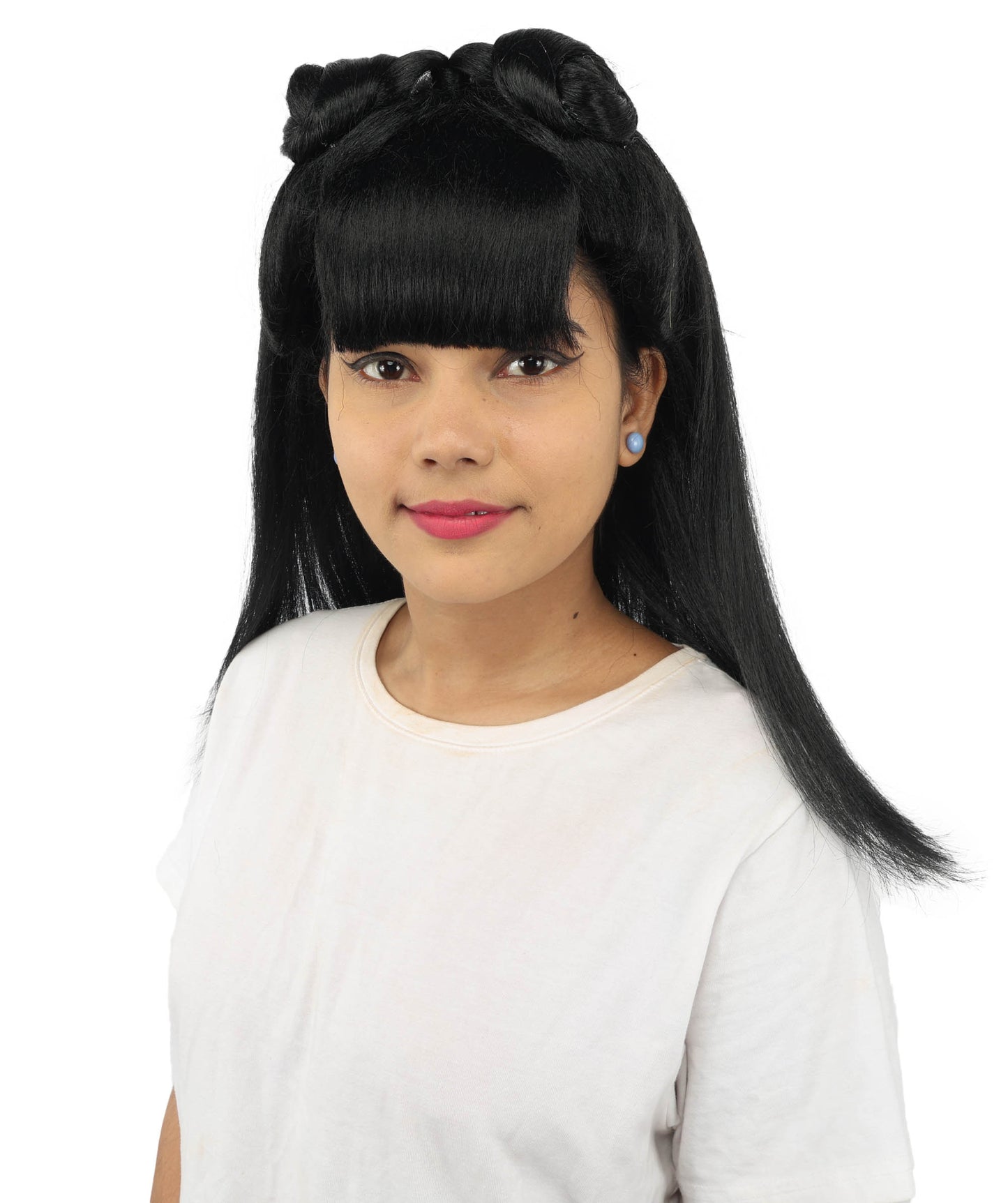 HPO Women's Brown & Pink Half Updo Bangs Wig | Create of synthetic fiber, blunt fringe with top bow, breathable base | Party, Halloween, theater, drag, performance, costume events