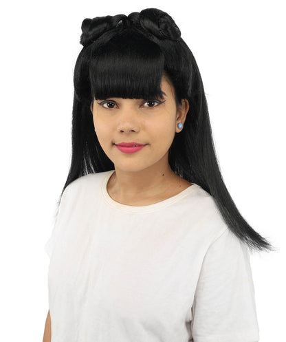 HPO Women's Brown & Pink Half Updo Bangs Wig | Create of synthetic fiber, blunt fringe with top bow, breathable base | Party, Halloween, theater, drag, performance, costume events